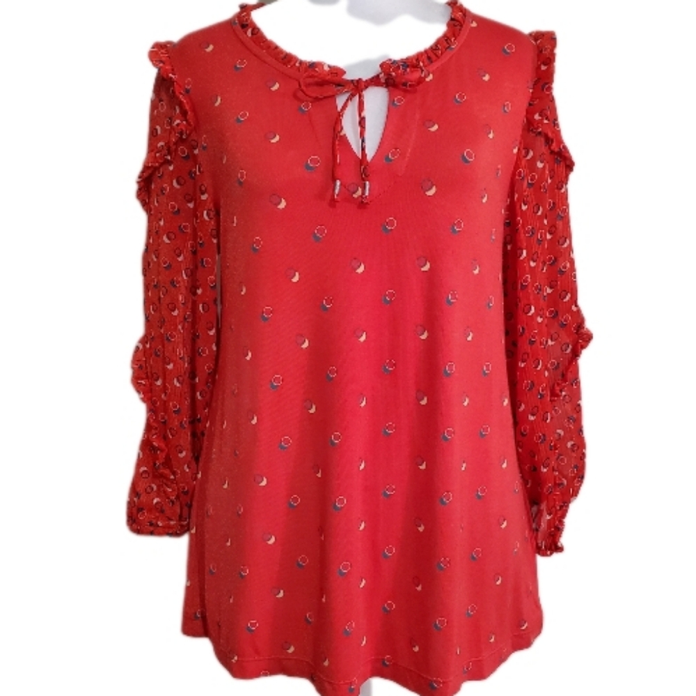 Anthropologie Maeve Jacquine red polka dot balloon sleeve tie neck tunic top S